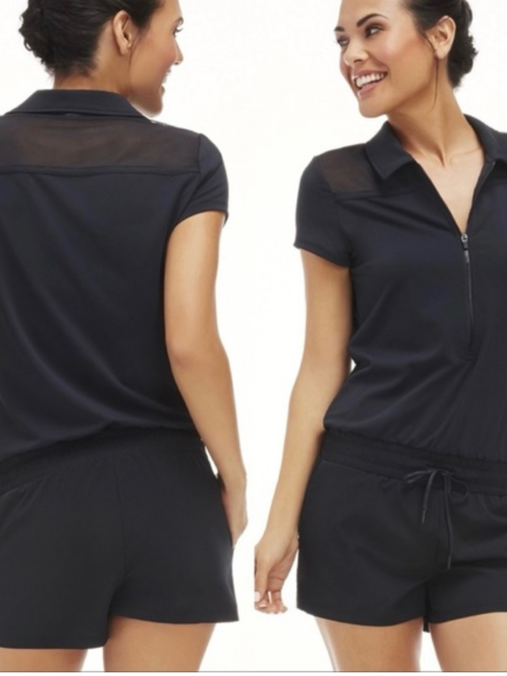 NWT Fabletics Marseille Black Zip-Front Romper with Sheer Yoke.Size XXL